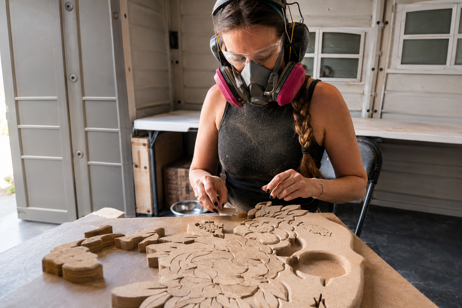 Mariana Ayma trabajando en su taller sobre una pieza de MDF en relieve